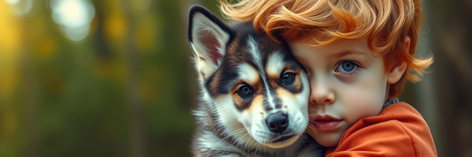 Young child with curly red hair hugs a cute puppy in a forest during early evening light